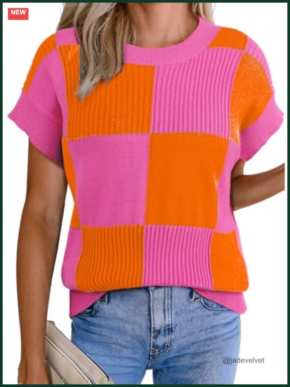 Short Sleeve Sweater Women Color Block Checkered Knit Tank Top